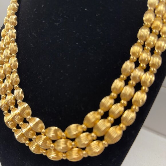 3 Strand Gold Tone Metallic Necklace - Picture 3 of 5